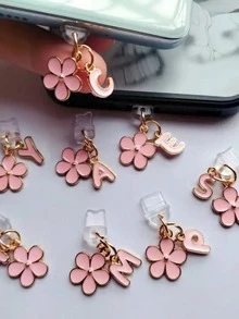 二合一粉色樱花+26字母智能手机充电口防尘塞，精致少女清新甜美可爱时尚合金吊坠，智能手机平板电脑耳机Kindle充电口装饰配件，硅胶透明防尘塞，适合作为小礼物，防水防潮充电口礼物，送给妈妈、家人、朋友，生日、节日手机配件手机挂饰 - 粉色 - 查看 5