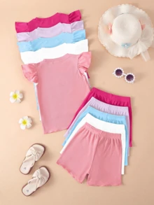 10pcs/Set Girls' Casual Solid Color Knit Fabric Top And Matching Solid Color Shorts Set, Spring/Summer - Multicolor - View 2