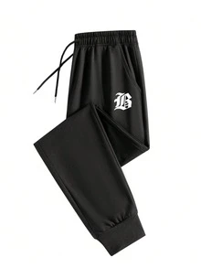 Men's Casual Sports Pants, Printed With Letter "B", Loose Fit, Suitable For Jogging, Home And Outdoor Activities. Also Can Be A Wedding Gift. Made Of 100% Polyester Fabric, With Drawstring Waistband For Adjustable Fit, Available In Multiple Colors. - Black - View 2