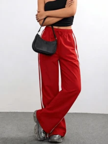 Vacation Outfits Women Red Side-Stripe Wide Leg Track Pants, Summer Casual Streetwear Pants - 紅色 - 查看 4