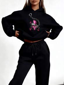 2026 LC Women's Fashion Casual  Bear Print Hoodie Sweatshirt Casual Daily Wear Halloween Costumes, Thanksgiving Clothing, Hoodie Autumn And Winter, Unisex Short Sleeves, Plus Size Fall Clothes, Sweatshirt, Fall Clothes Women, Printed Clothing,Tops,Winter Clothes For Women,Sweaters For Women,Hoodies For Women - 黑色 - 查看 3