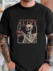 Mens Staying Alive Shirt, Halloween Skeleton Coffee Shirt, Funny Skeleton Tshirt, Coffee Lovers Gift, Skull Vintage Tshirt For Women, Adult Tee T-Shirt - 黑色 - 查看 2