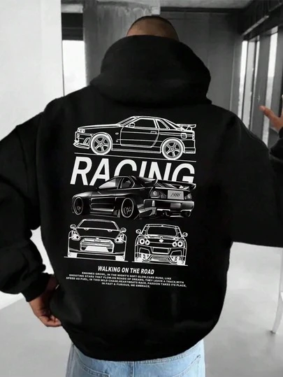 加大码男士汽车图案黑色连帽卫衣，宽松版型，适合作为节日礼物