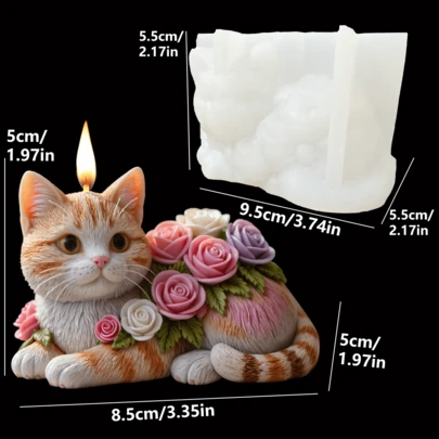 可爱猫咪玫瑰花造型蜡烛硅胶模具，DIY猫咪玫瑰蜡烛模具，适用于树脂、石膏、粘土、混凝土等材质的手工硅胶模具，家居装饰，节日礼物