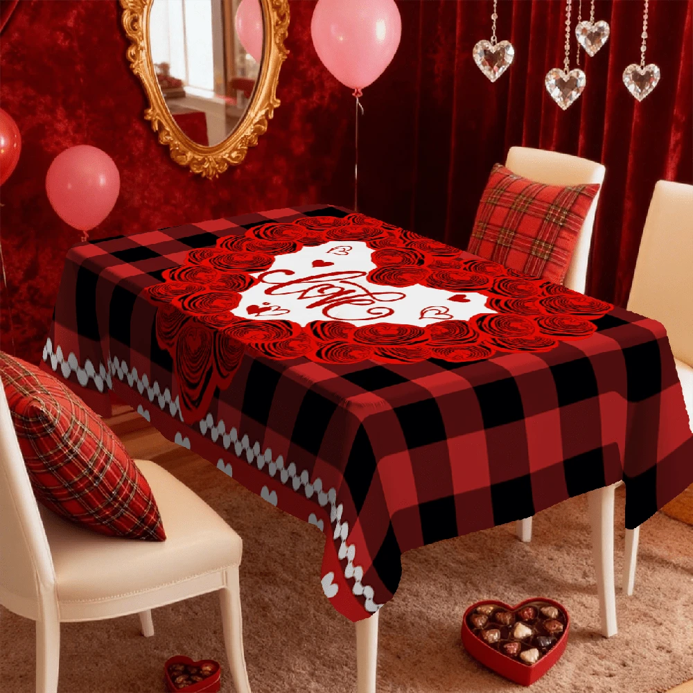 1/20 piezas Mantel con estampado de corazón y flor de rosa, cubierta de mesa de poliéster suave adecuada para fiesta festiva, cena, Día de San Valentín, decoración de boda, aplicable para el hogar, la cocina, el comedor, la mesa del jardín, fácil de limpiar - Multicolor - Ver 1