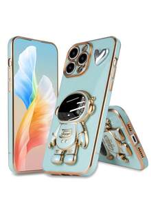 Nuevo estuche de teléfono con forma de corazón con astronauta enchapado, nuevo estuche de teléfono antideslizante con tecnología de enchapado + soporte oculto enchapado + juego de estuche de teléfono completo, compatible con iPhone 11/12/13/14/16 Pro Max, S22/23/24+ UA04/A05/A14/A15/A24/A25/A34/A54S, OPPO, VIVO, compatible con Redmi 13C/Note 14 Pro Plus - Verde - Ver 1