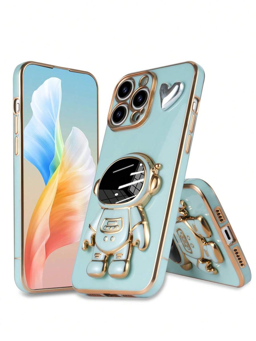 Nuevo estuche de teléfono con forma de corazón con astronauta enchapado, nuevo estuche de teléfono antideslizante con tecnología de enchapado + soporte oculto enchapado + juego de estuche de teléfono completo, compatible con iPhone 11/12/13/14/16 Pro Max, S22/23/24+ UA04/A05/A14/A15/A24/A25/A34/A54S, OPPO, VIVO, compatible con Redmi 13C/Note 14 Pro Plus - Verde - Ver 1