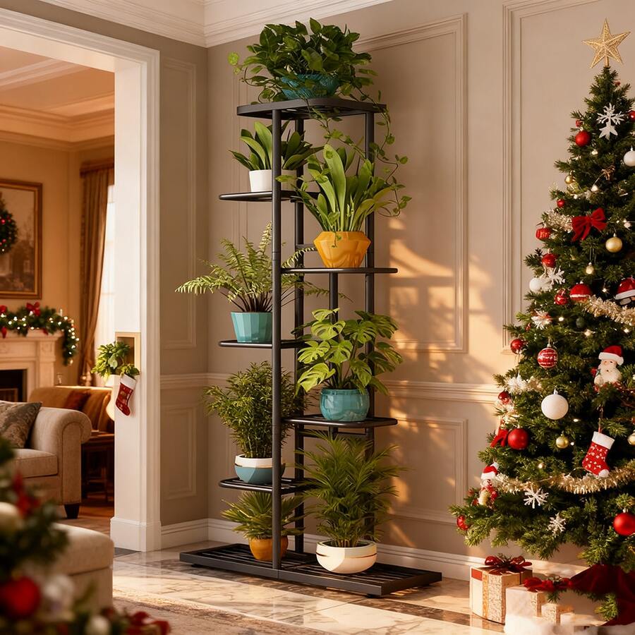 SHENGMAO--2/3/4/5/6-7Tier Plant Stand, Iron Flower Stand,Heavy-Duty Metal Frame, Metal Flower Stand, High-Angle Multi-Tier Plant Rack, Indoor/Outdoor Flower Pot Display Stand. Crafted From Iron With A Sleek, Minimalist Design For Easy Disassembly. This Versatile Stand Fits Seamlessly In Living Rooms, Entryways, Offices, Or Outdoor Patios And Gardens. Available In Multiple Colors. - Màu đen 7 lớp - Xem 1