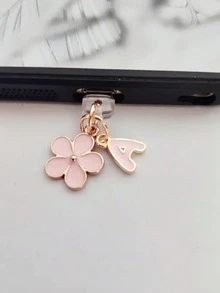二合一粉色樱花+26字母智能手机充电口防尘塞，精致少女清新甜美可爱时尚合金吊坠，智能手机平板电脑耳机Kindle充电口装饰配件，硅胶透明防尘塞，适合作为小礼物，防水防潮充电口礼物，送给妈妈、家人、朋友，生日、节日手机配件手机挂饰 - 粉色 - 查看 36