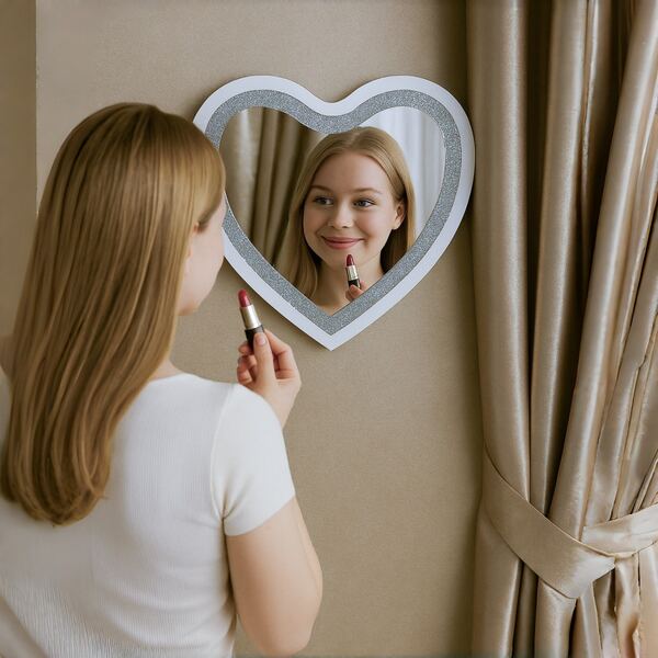 [1pc] 11.81*11.81 Inch Acrylic Heart-Shaped Mirror - Asymmetrical Double-Sided Silver Mirror With Crystal Fragments, 2mm Thick, Multi-Purpose Decor, Suitable For Home, Garage, Bedroom, Hotel, Bar, Living Room, Bathroom And Christmas