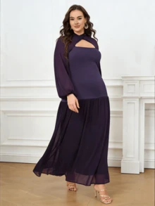 Plus Size Women Elegant Long Sleeve Dress, Suitable For Dates And Formal Occasions - Purple - View 4