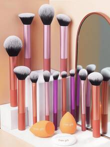 15pcs Multi-Functional Makeup Brush Set Including Powder Brush, Blush Brush, Foundation Brush, Eyeshadow Brush, Blending Brush, Contour Brush, Along With An Oblique Cut Makeup Sponge, Rounded Makeup Sponge, And White Powder Puff,Summer Style, Back To School Gift - Multicolor - View 4