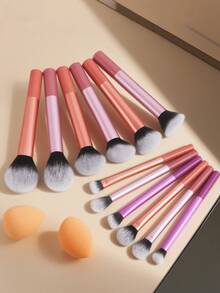 15pcs Multi-Functional Makeup Brush Set Including Powder Brush, Blush Brush, Foundation Brush, Eyeshadow Brush, Blending Brush, Contour Brush, Along With An Oblique Cut Makeup Sponge, Rounded Makeup Sponge, And White Powder Puff,Summer Style, Back To School Gift - Multicolor - View 3