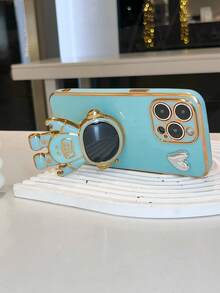 Nuevo estuche de teléfono con forma de corazón con astronauta enchapado, nuevo estuche de teléfono antideslizante con tecnología de enchapado + soporte oculto enchapado + juego de estuche de teléfono completo, compatible con iPhone 11/12/13/14/16 Pro Max, S22/23/24+ UA04/A05/A14/A15/A24/A25/A34/A54S, OPPO, VIVO, compatible con Redmi 13C/Note 14 Pro Plus - Verde - Ver 2