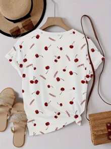 Women's Casual Cherry Print Round Neck Short Sleeve T-Shirt White - White - View 3