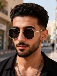 1 Pair Men's Metal Geometric Frame Decorative Fashion Glasses - 1 mảnh màu xám khung vàng - Xem 4