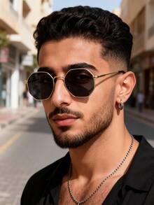 1 Pair Men's Metal Geometric Frame Decorative Fashion Glasses - 1 mảnh màu xám khung vàng - Xem 2