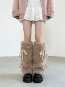 1 đôi tất giữ ấm chân kiểu Y2K thắt nơ, chất liệu lông mềm mại, màu trắng/kaki/nâu, đa năng cho mùa thu/đông (có thể bị rụng lông nhẹ) - Nhiều màu - Xem 9