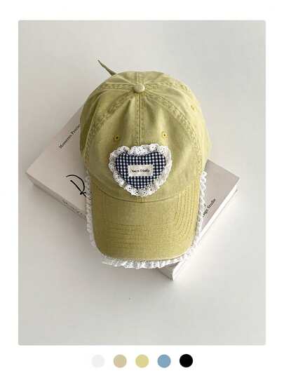 1 件软顶蕾丝边心形装饰棒球帽，复古甜美宽边棒球帽，定制大头围，适合女性