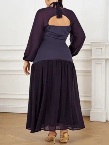 Plus Size Women Elegant Long Sleeve Dress, Suitable For Dates And Formal Occasions - Purple - View 2