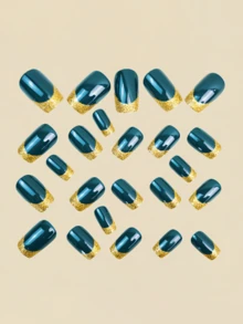 24pcs French Green Nails With Gold Glitter, Press-On Nails, Y2K Nails, Nail Art - Green - View 3