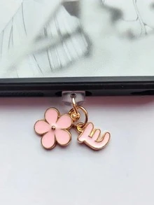 二合一粉色樱花+26字母智能手机充电口防尘塞，精致少女清新甜美可爱时尚合金吊坠，智能手机平板电脑耳机Kindle充电口装饰配件，硅胶透明防尘塞，适合作为小礼物，防水防潮充电口礼物，送给妈妈、家人、朋友，生日、节日手机配件手机挂饰 - 粉色 - 查看 39