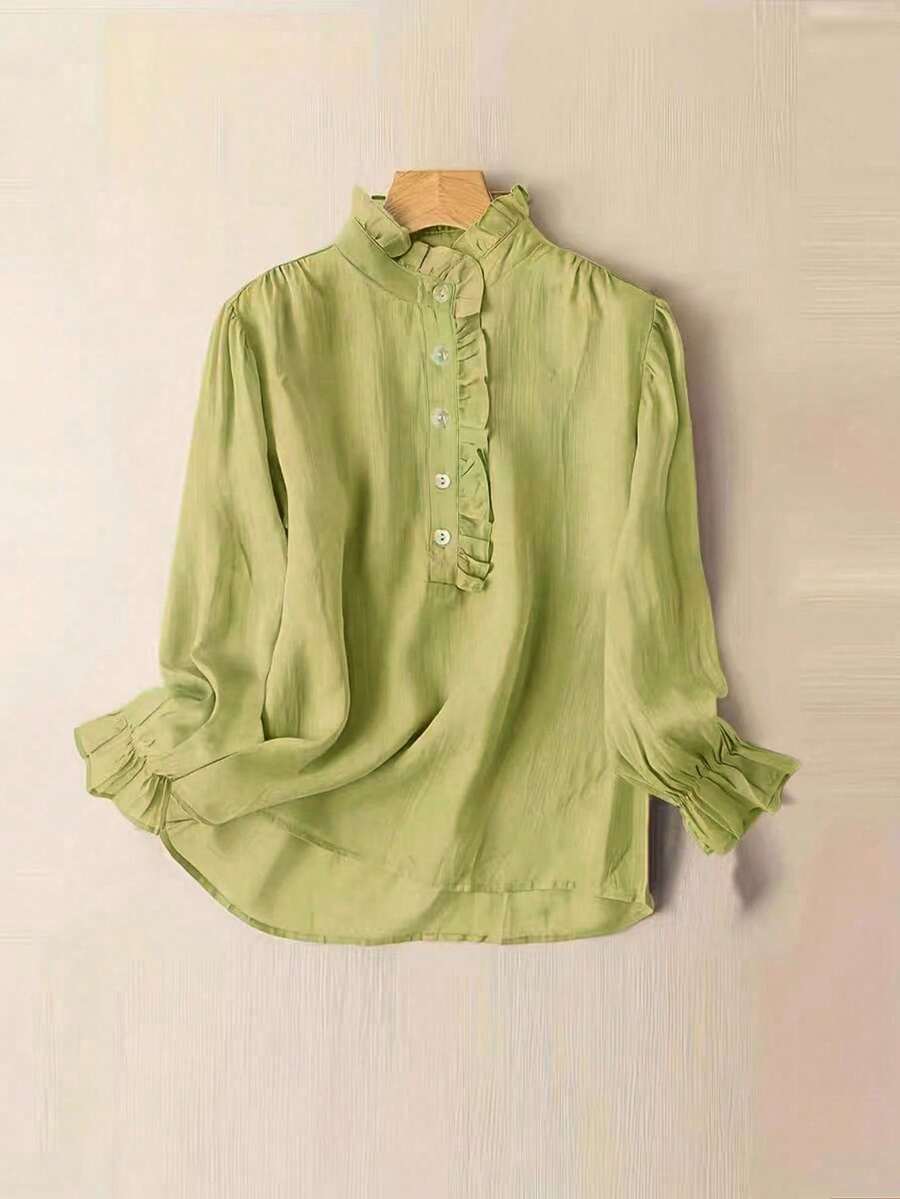 Women's Casual Solid Color Long Sleeve Shirt - Mustard Yellow - View 1