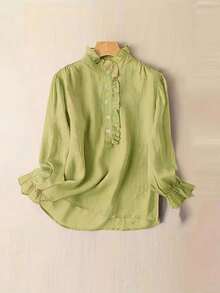 Women's Casual Solid Color Long Sleeve Shirt - Mustard Yellow - View 3