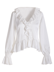 Elegant Women's Deep V-Neck Ruffle Trim Woven Blouse, With Ruffle Trim At Cuffs And Hem - White - View 2