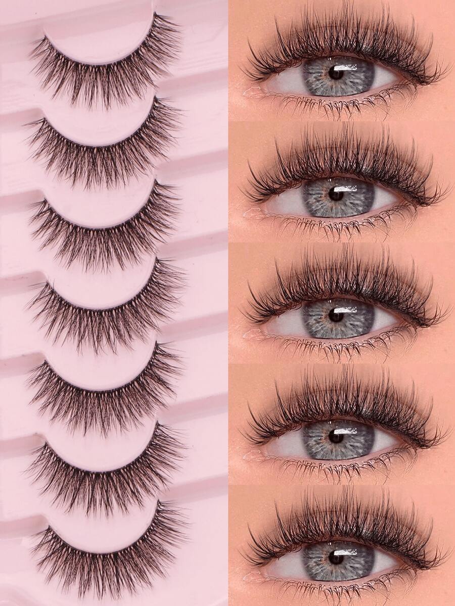 Asiteo 7 Paar flauschige Kunstwimpern, natürliche dünne Wimpern mit transparentem, Kunstmink-Wimpern, dicke weiche gekräuselte Wimpern geeignet für den täglichen Gebrauch - Natürliche Wimpern - Übersicht 1