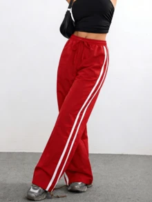 Vacation Outfits Women Red Side-Stripe Wide Leg Track Pants, Summer Casual Streetwear Pants - 紅色 - 查看 3