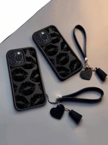 1个唇印图案精致纹理加厚防摔彩绘手机壳，配新款皮革心形腕带，可DIY手机挂饰、流苏吊坠手链，兼容系列 - 彩色 - 查看 4