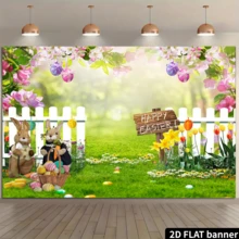 7x5ft Spring Easter Garden Photography Backdrop Green Grass Lawn Pink Floral Fence Background - Multicolor 1 - View 2