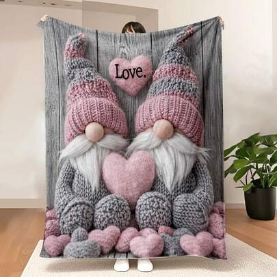 1pc Valentine's Day Themed Gnome With Heart Pattern Portable Blanket - Lightweight Throw Blanket Suitable For Sofa, Bed, Travel And Camping, Comfortable Blanket For All Seasons With Cute Gnome Design, Machine Washable, Gnome Blanket, Throw Blanket, Romantic Design, Cozy