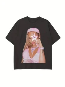 Women's T-Shirt, Summer Y2K Style Top, Suitable For Casual Wear, Vacations And Campus Occasions. Black Short Sleeve T-Shirt With Fashionable Female Image And Pink Star Pattern - 黑色 - 查看 6