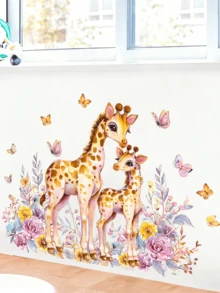 1张卡通长颈鹿和蝴蝶墙贴，可移除哑光自粘墙贴，适用于客厅、卧室、儿童房、家居装饰、春季装饰、生日礼物、毕业礼物 - 彩色 - 查看 2