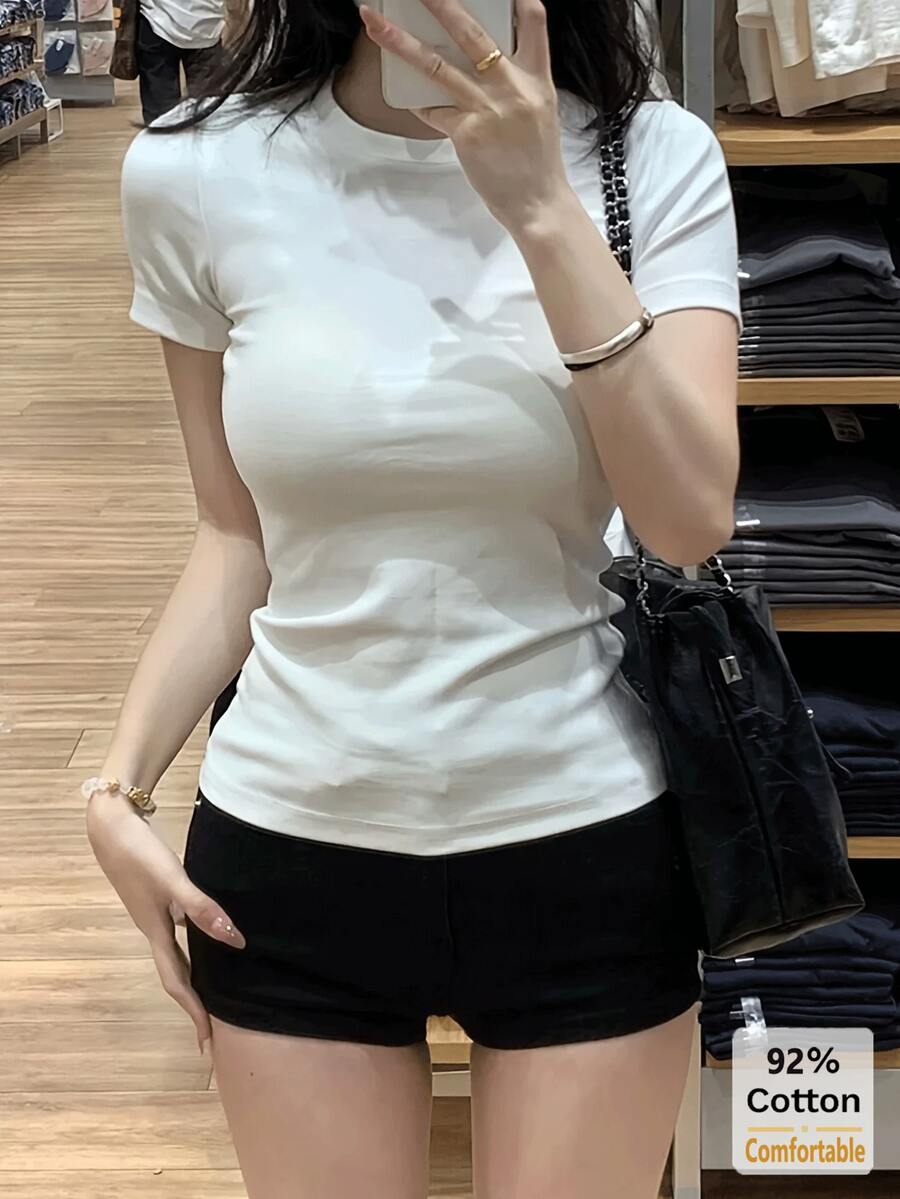 Solid Color Short Sleeve T-Shirt, Versatile Casual Slim Fit Undershirt For Women White Summer - White - View 1