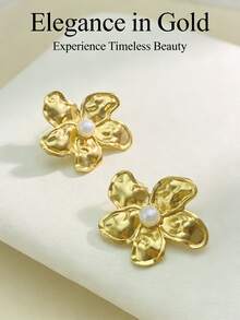 Pearl Leaf-Shaped Earrings - Women's Declaration Cluster. Pearl Earrings, Gold-Plated Earrings. Wedding, Dance Party, Birthday. Fashion Jewelry Gift. Thick Golden Flower-Shaped Earrings. Elegant Pearl-Themed Bridesmaid Earrings. Maternal Wedding Pendant Earrings. Large Fashionable Retro Wedding Jewelry, Valentine's Day Gift. - Multicolor - View 4