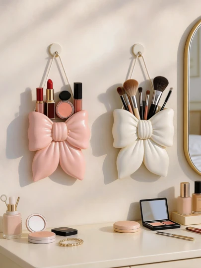 1 PC Bow-Tie Cosmetic Organizer, Wall-Mounted Cosmetic Rack, Can Store Brushes, Lipsticks And Perfumes - Desktop Makeup Brush And Office Supply Organizer, Elegant Makeup Brush Storage, Suitable For Girls, Students And Women, Creative Decorative Design, Also Suitable For Bathrooms, Bedrooms And Other Places, Large Capacity (White And Pink).