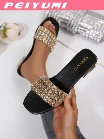 PEIYUMI New Fashion Low Heel Sandals, Decorated With Water Drop Rhinestone And Arrow Accents, Stylish, Suitable For Outdoor Party Wear, Spring/Summer