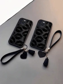 1个唇印图案精致纹理加厚防摔彩绘手机壳，配新款皮革心形腕带，可DIY手机挂饰、流苏吊坠手链，兼容系列 - 彩色 - 查看 3