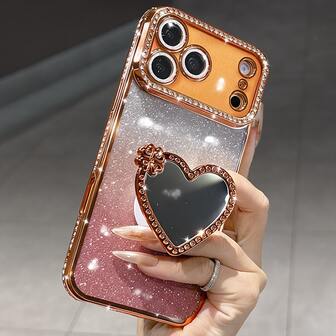 เคสโทรศัพท์เคลือบเลื่อมไล่ระดับสี ที่ใส่แหวน รูปหัวใจกระจกแต่งหน้า พลอยเทียม กล้อง Glitter Bling หรูหรา ใช้งานได้กับ iPhone 17 Pro Max Air 16 15 14 13 12 11 Pro Max XR X XS Max 8 7 6s Plus SE2 3 Girl And Women Orange Silvery Pink Bracket Case