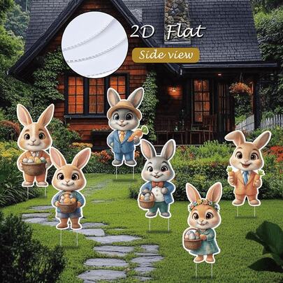 2D Flat, 6-Piece Easter Garden Sign Set - Outdoor Decor For Gardens, Playful Rabbits With Carrots And Easter Eggs, Perfect For Outdoor Yard Decor, Spring Holiday Party Signs, Plastic Material