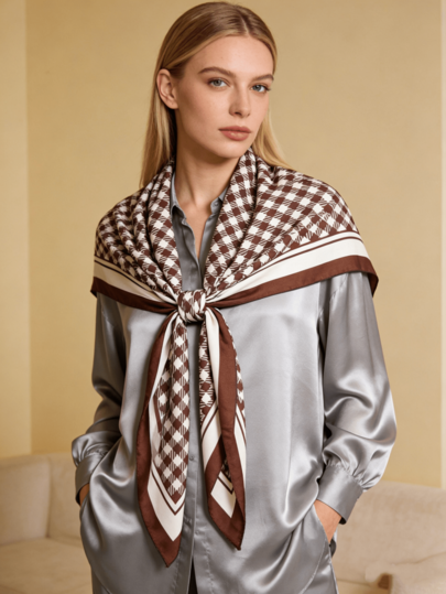 1pc New 90*90cm Square Scarf, Double-Sided Plaid Pattern, High-Quality Velvet Fabric, Vintage Soft Wrap, Shawl, Headscarf, Neckerchief, Versatile Use