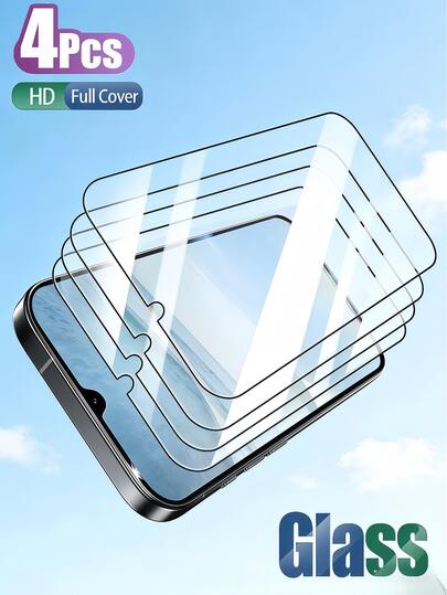 4pcs Black Framed Tempered Glass Screen Protector, Compatible With Samsung Galaxy S25 S24 / 17 16 / / Honor / Mi 15T / Poco / Note 15, Full Coverage, 9H Hardness, Anti-Fingerprint, Friendly Adhesion, Easy To Apply, Ultra-Thin Design, Sensitive Touch, Dust-Proof Full Coverage No Light Leakage Compatible With IPhone