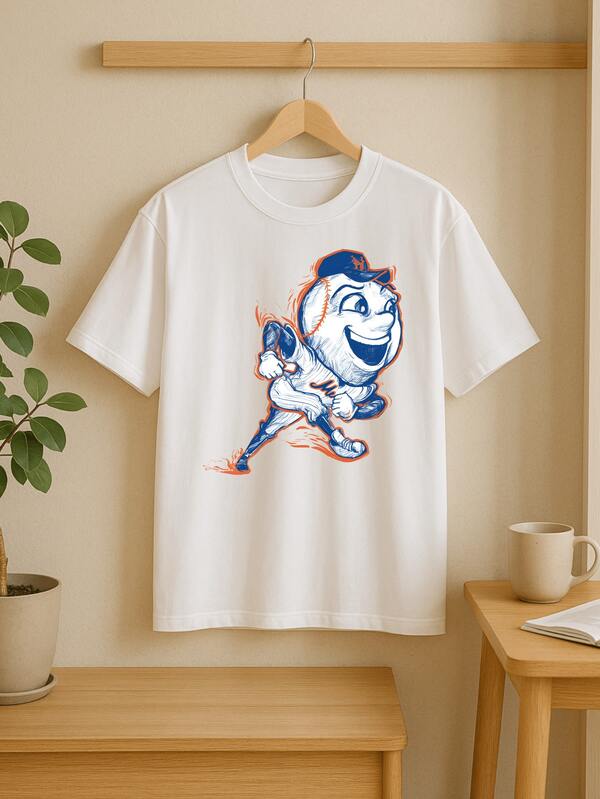 Cotton Men T Shirt 180g Unisex Casual Sport Tee For Everyday Wear - Baseball Cartoon Character Print With Dynamic Pitching Design In Blue And Orange Colors - Perfect For Leisure Activities Outdoor Sports And Daily Outfits Lightweight Comfortable Breathable Fabric Suitable For All Seasons