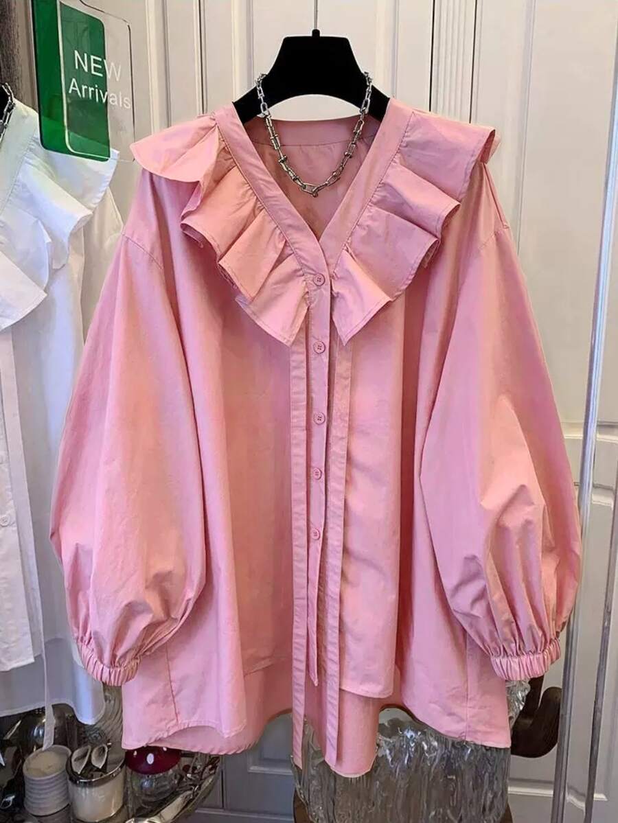 Women's Loose Solid Color Blouse Pink Vacation - Pink - View 1