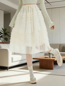 法式浪漫高腰层叠薄纱半身裙，2026 春季新款女装柔软美观百搭蓬松网纱半身裙 - 杏色 - 查看 2