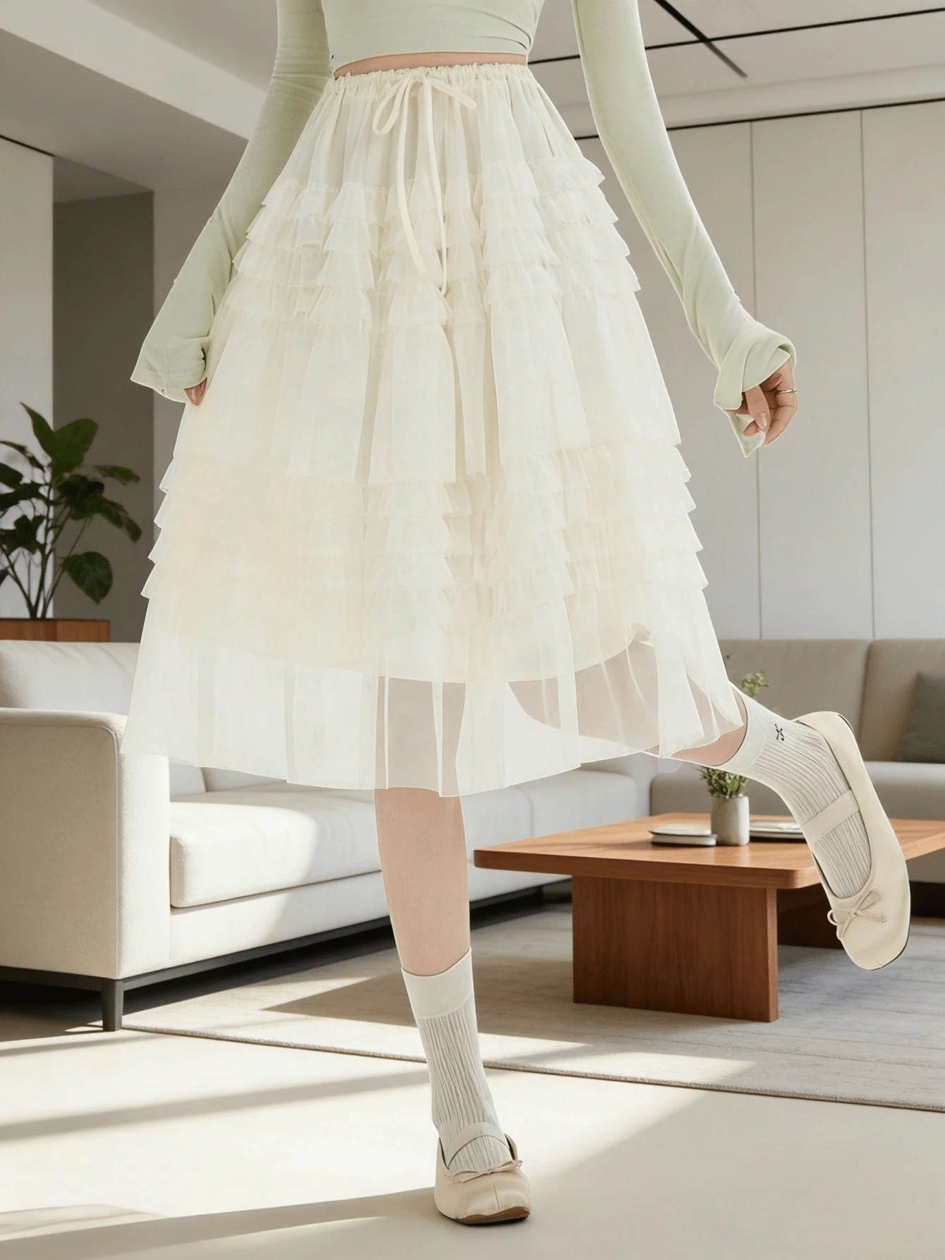 French Romantic High Waist Layered Tulle Skirt, 2026 Women's Spring New Arrival Soft Aesthetic Versatile Voluminous Mesh Skirt - Apricot - View 1