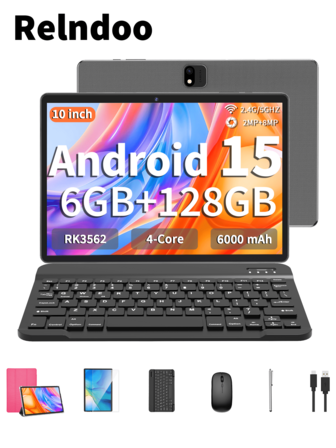 Relndoo Tableta PC Android 2025, con teclado, sistema operativo Android 15, tableta PC 2 en 1 de 10.1 pulgadas, incluye ratón, funda de cuero, lápiz stylus, protector de pantalla, cable de datos, procesador RK3562 Quad-Core 2.0GHz, (6GB+20GB) RAM+128GB ROM, cámaras duales de 2MP+8MP, pantalla táctil HD de 1280*800, batería de 6000mAh, puerto USB-C, admite tarjeta SD de hasta 1TB, WiFi 802.11n 2.4G/5G, GPS, gran regalo (adaptador no incluido) - Rosa